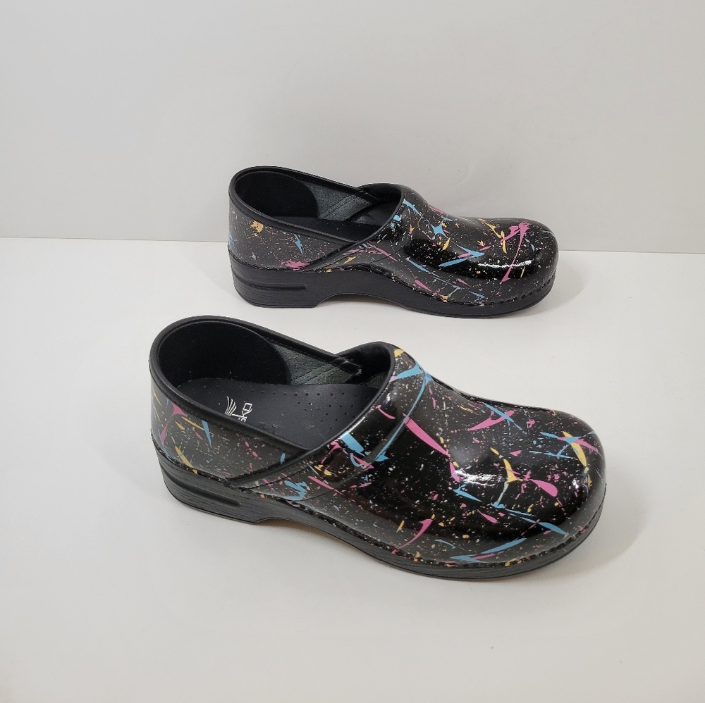 Dansko Black Paint Splatter Patent Leather Slip On Clog Shoe Women Sz 42 US 11.5